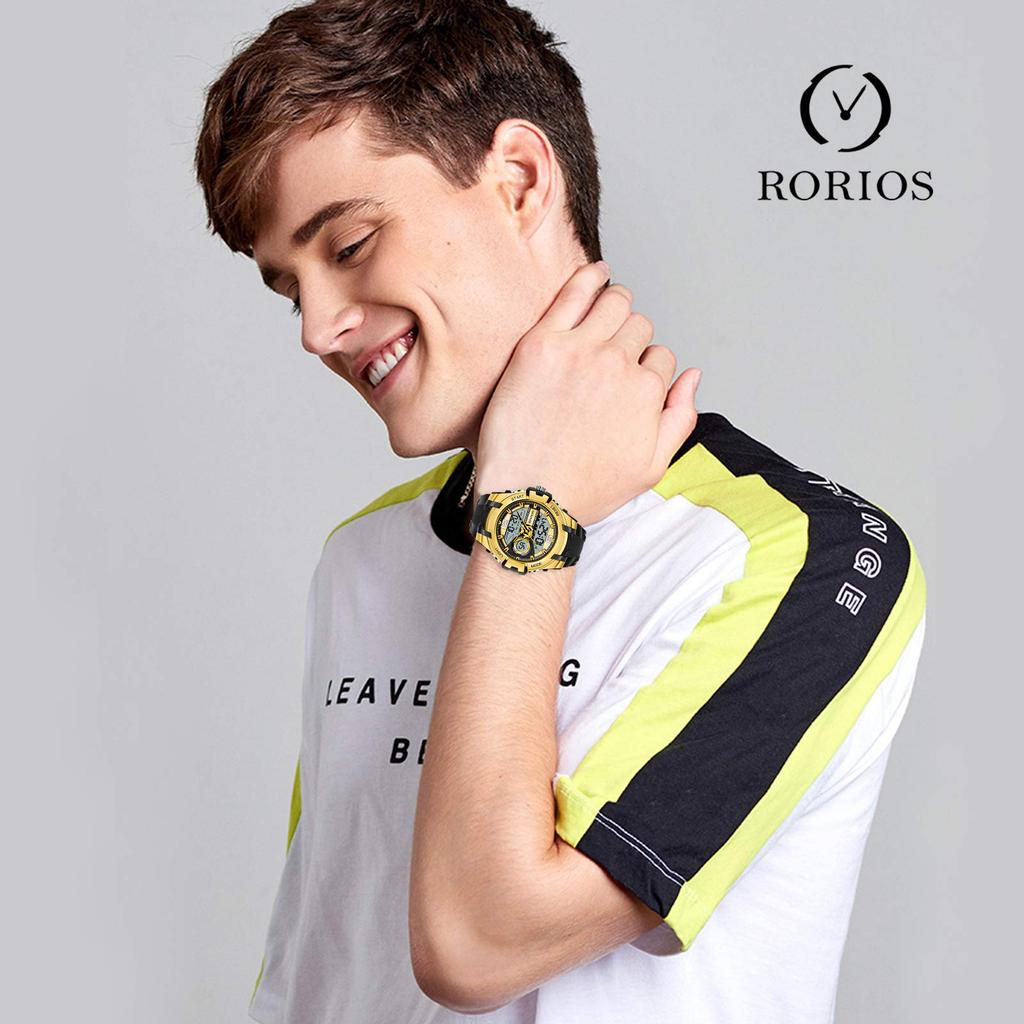 Часы RORIOS, водонепроницаемые, 50 м, цифровой дисплей, календарь, ремешок из смолы, многофункциональные, ударопрочные, сделаны в Японии, кварцевые спортивные часы, популярные, модные, повседневные