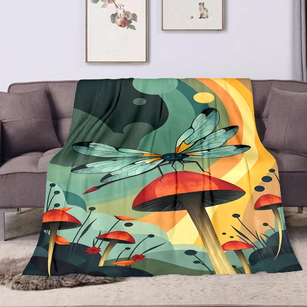 Dragonfly on Mushroom Fantasy Artwork Patterned flannel blanket perfect for the bedroom living room, sofa, or a little nap