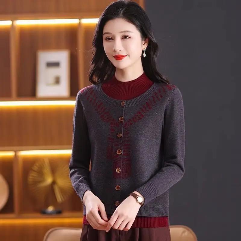 Autumn Winter Mother's Fashion Base Pullover New Loose Sweater Top Fake Two-piece Knitted Cardigan Fashionable