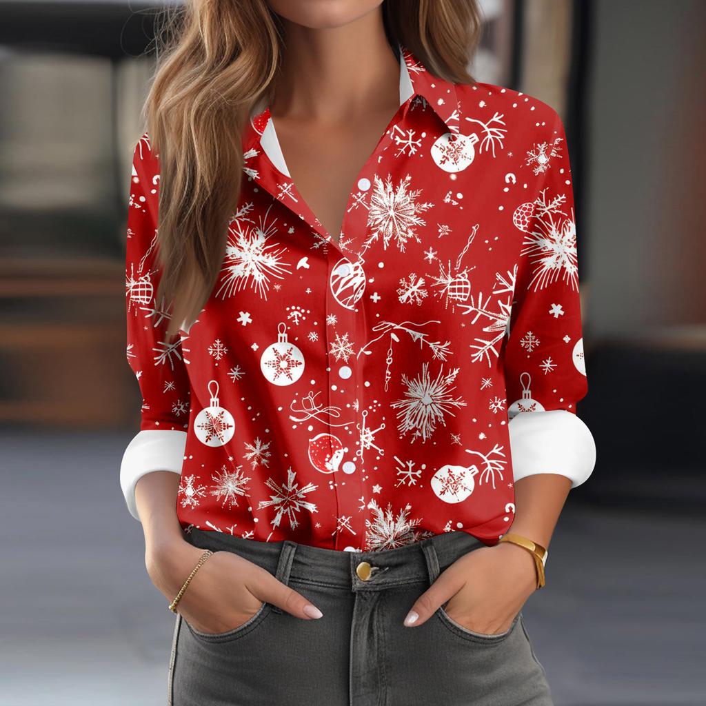 Women's Shirt Blouse Christmas Print Button Long Sleeve Casual Basic Shirt Collar Regular Top