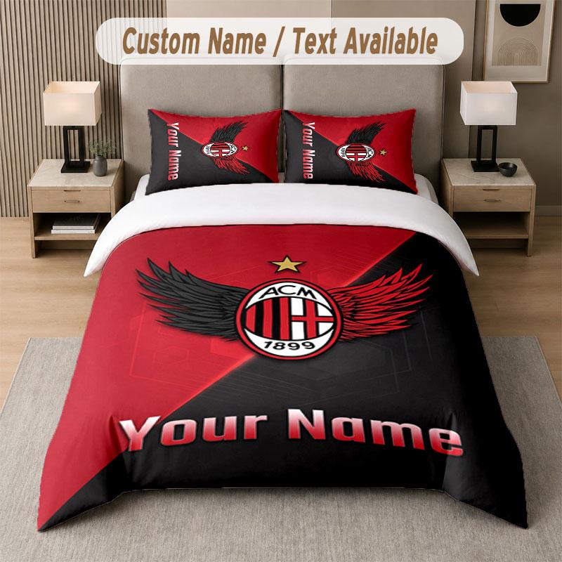 Custom Bedding Set AC Milan Pattern, Print Name Text 1 Duvet Cover plus 2 Pillowcases Home Textile