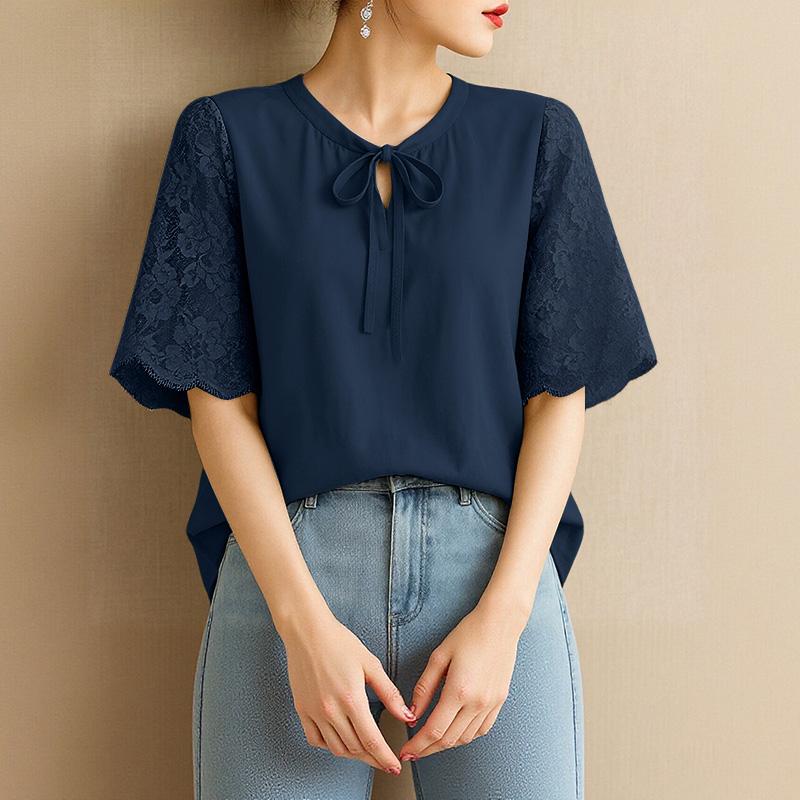 ZANZEA Женская повседневная блузка с круглым вырезом, кружевной вставкой и коротким рукавом