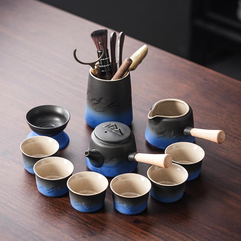 Light luxury Kung Fu tea set Household gradual change coarse pottery side handle pot tea set Portable business gift printing