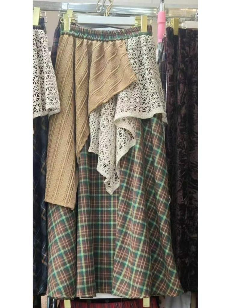 Ретро японская этническая узкая длинная юбка с высокой талией для женщин - Осенне-зимний пэчворк