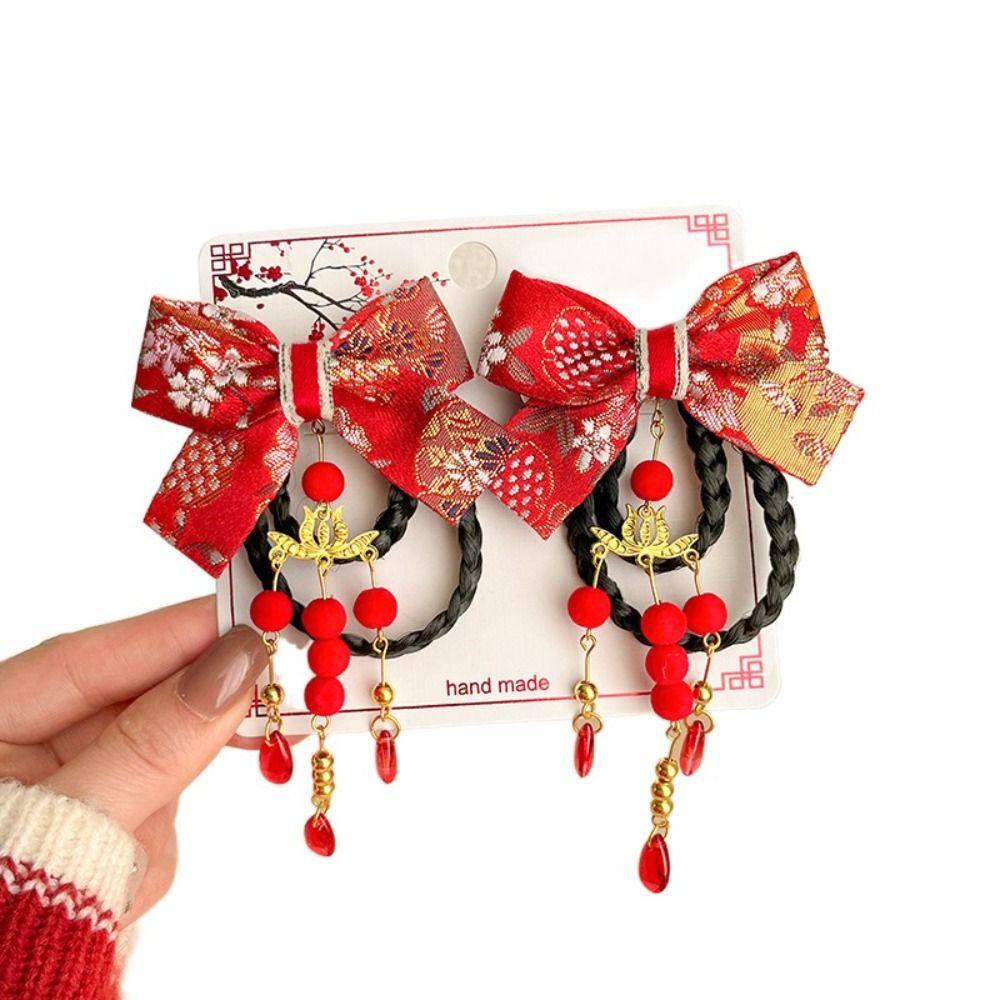 2 шт. новогодний головной убор детский бант шпилька для волос китайский стиль парик коса шпилька ханьфу боковой зажим для девочек