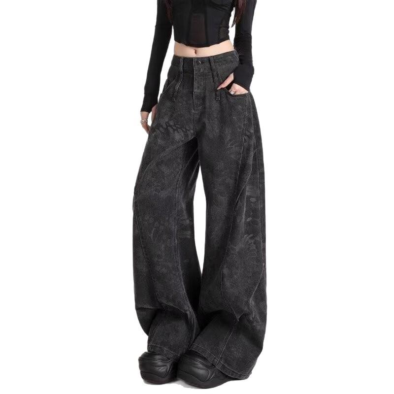 Black printed tooling jeans women's autumn new niche design high waist loose deconstruction scimitar wide leg pants