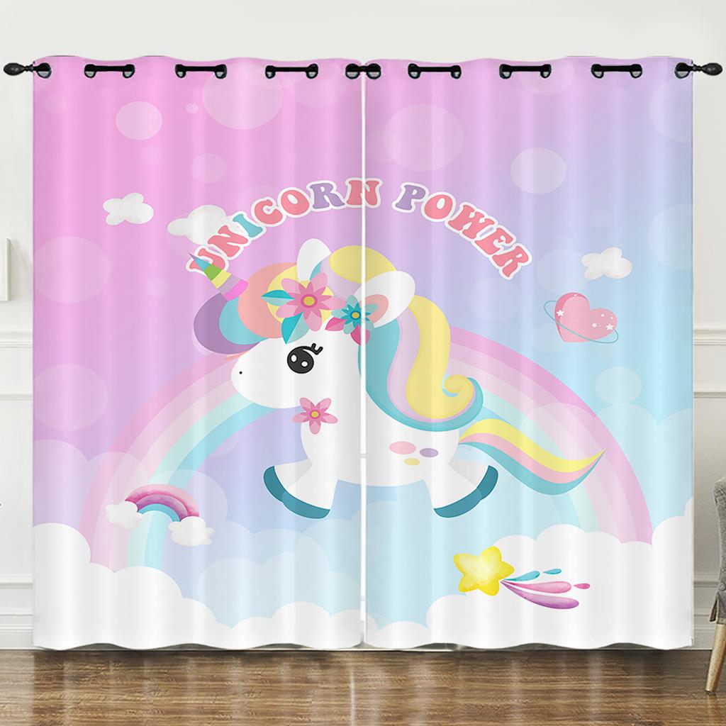 Curtain Flower Unicorn Color Gradual Change 3D Digital Printing Blackout Curtain Punching