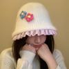 Милая плюшевая шляпа-ведро с цветком, женская осенне-зимняя теплая универсальная вязаная шапка с изображением лица, маленькая шерстяная шапка прилив