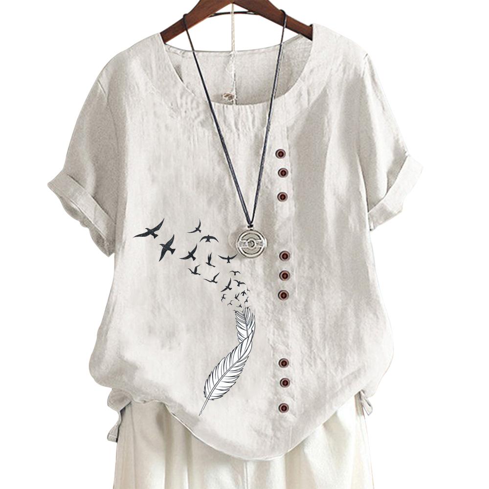 Womens Linen Cotton Casual Tee with 8 Classic Black and White Botanical Floral Patterns, Round Neck, Short Sleeves S-5XL