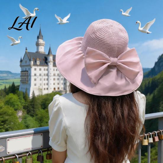 UV Protection Beach Hat Woven Sun Hat Women Wide Brim Floppy Block Shade for with Bow Breathable Summer Vacation Camping Portable Foldable Travel