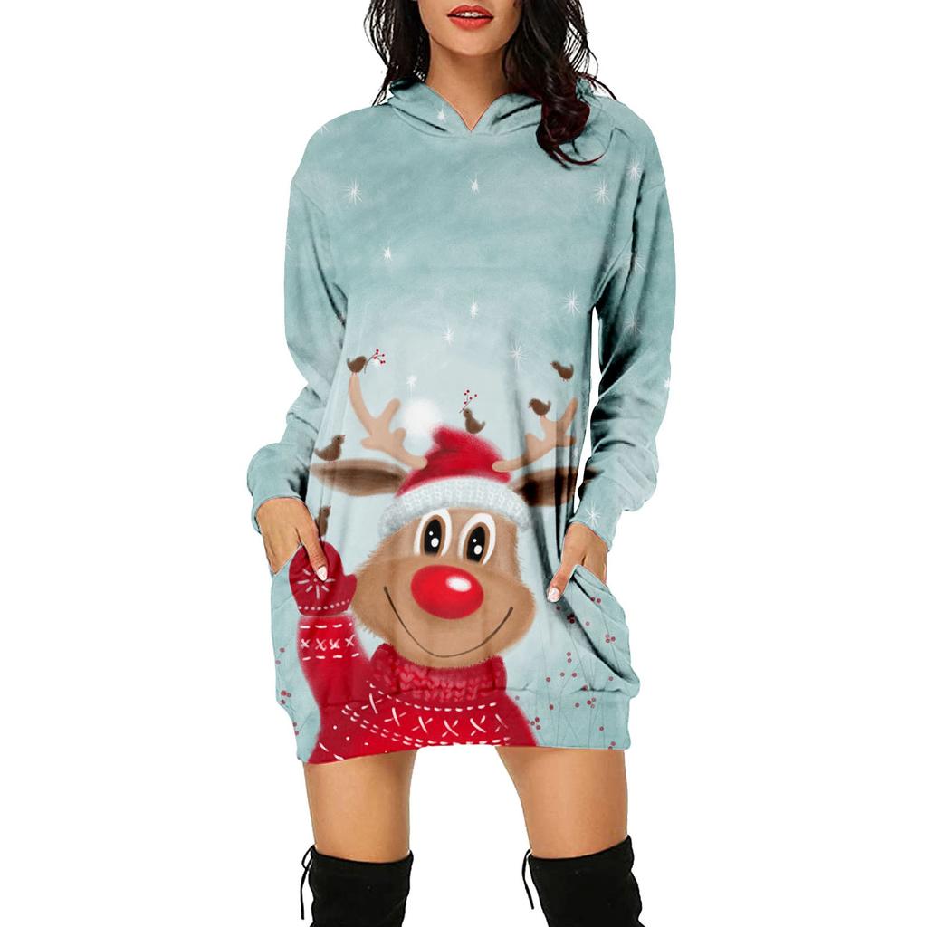 Women's Fashion Christmas Printed Pockets Long Sleeve Hoodies Pullover Dress