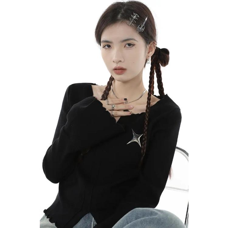 Y2K готические черные укороченные топы женские футболки в стиле Харадзюку в стиле гранж с графическим рисунком винтажные тонкие футболки с длинными рукавами и v-образным вырезом Kpop Aesthetic