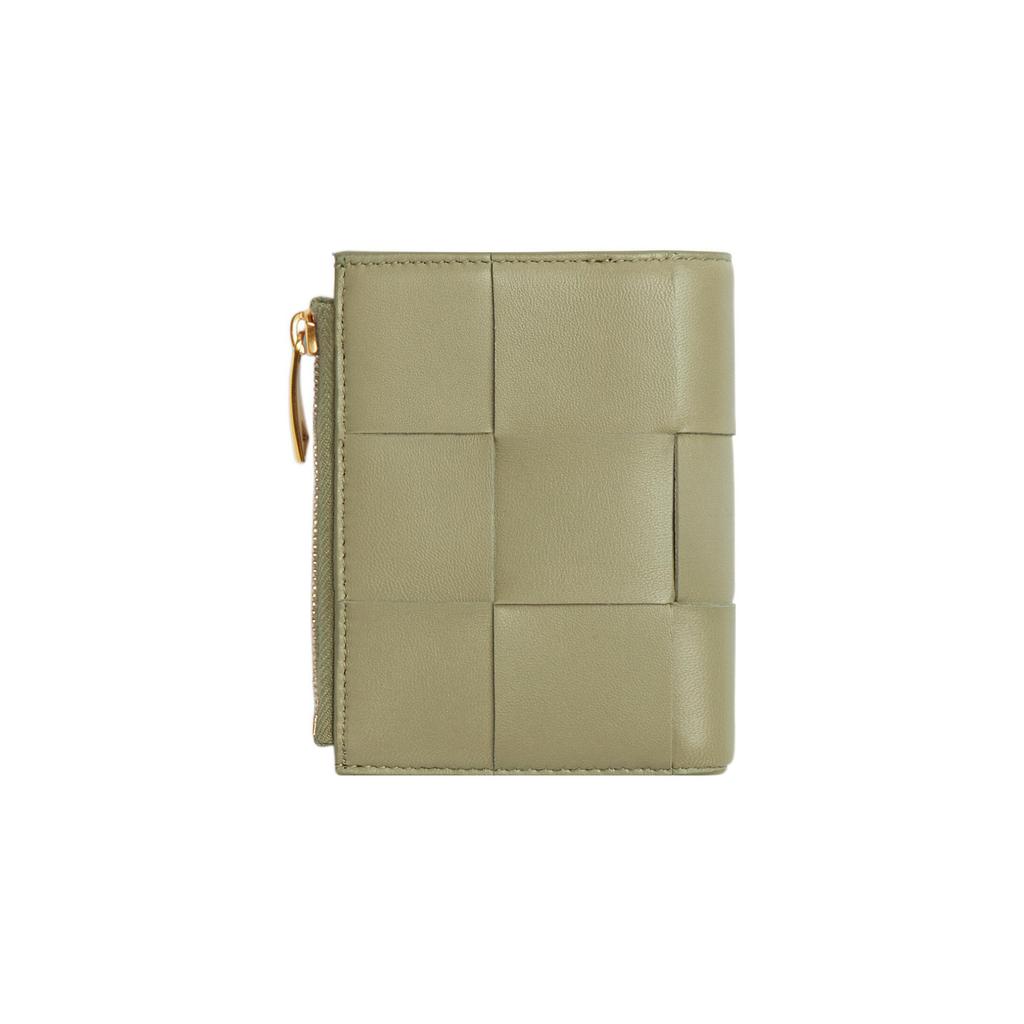Bottega Veneta Cassette Intreccio Woven Design Double Fold Zipper Wallet Small Women wallet Cave-Green 706010VCQC42916