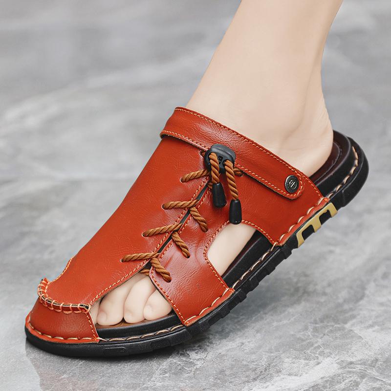 Men Leather Water Beach Sandals Summer Outdoor Casual Closed Toe Sports Sandals Non Slip Soft Hiking Wading Sneakers Comfortable