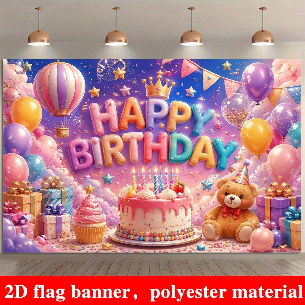 2D Flat Banner, Birthday Backdrop, Cake, Teddy Bear Doll, Hot Air Balloon, Gift Box