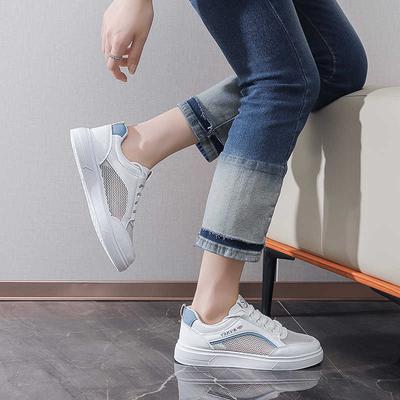 Модные кроссовки с перфорацией и круглым носком для тренировок и упражнений, тканые, 46 размера, летняя обувь для женщин, белые, название спортивного бренда, суперкомфортные