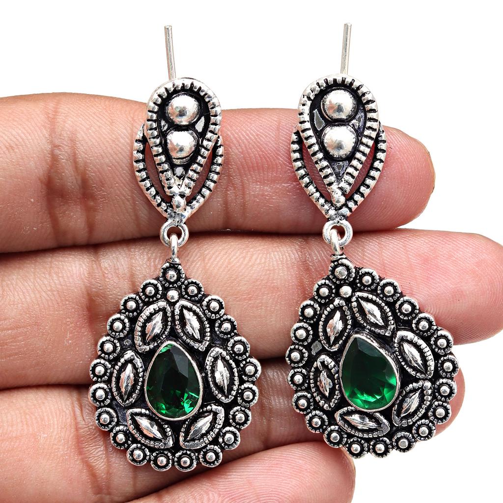 925 Silver Sterling Earring Jewelry Gemstone Handmade Emerald