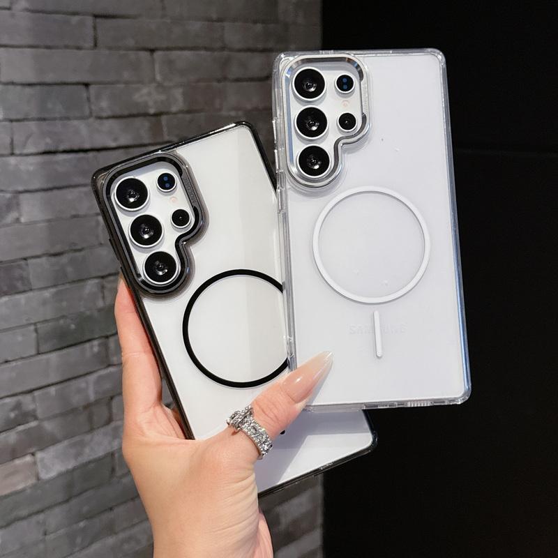 Metal Lens Frame Clear Phone Case For Samsung S25 Plus S24 FE S23 Ultra A16 A56 A36 A55 A15 Soft Edge Shockproof Wireless Charge Magnetic Back Cover