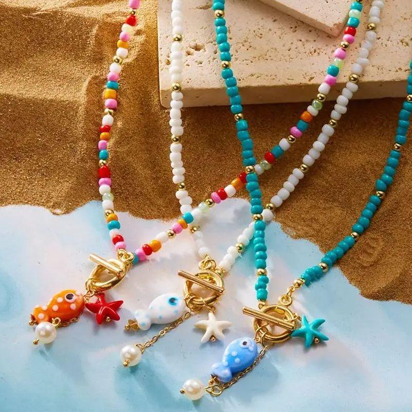 Charm Ocean Starfish OT Buckle Pendant Necklace for Women Handmade Rice Beads Ceramic Fish Choker Necklace Girls Party Jewelry