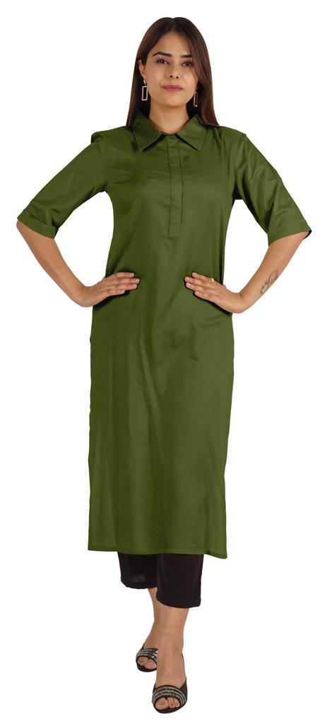 Moomaya Womens Solid Collar Kurti Rayon Elbow Sleeve Ethnic Kurta Indian