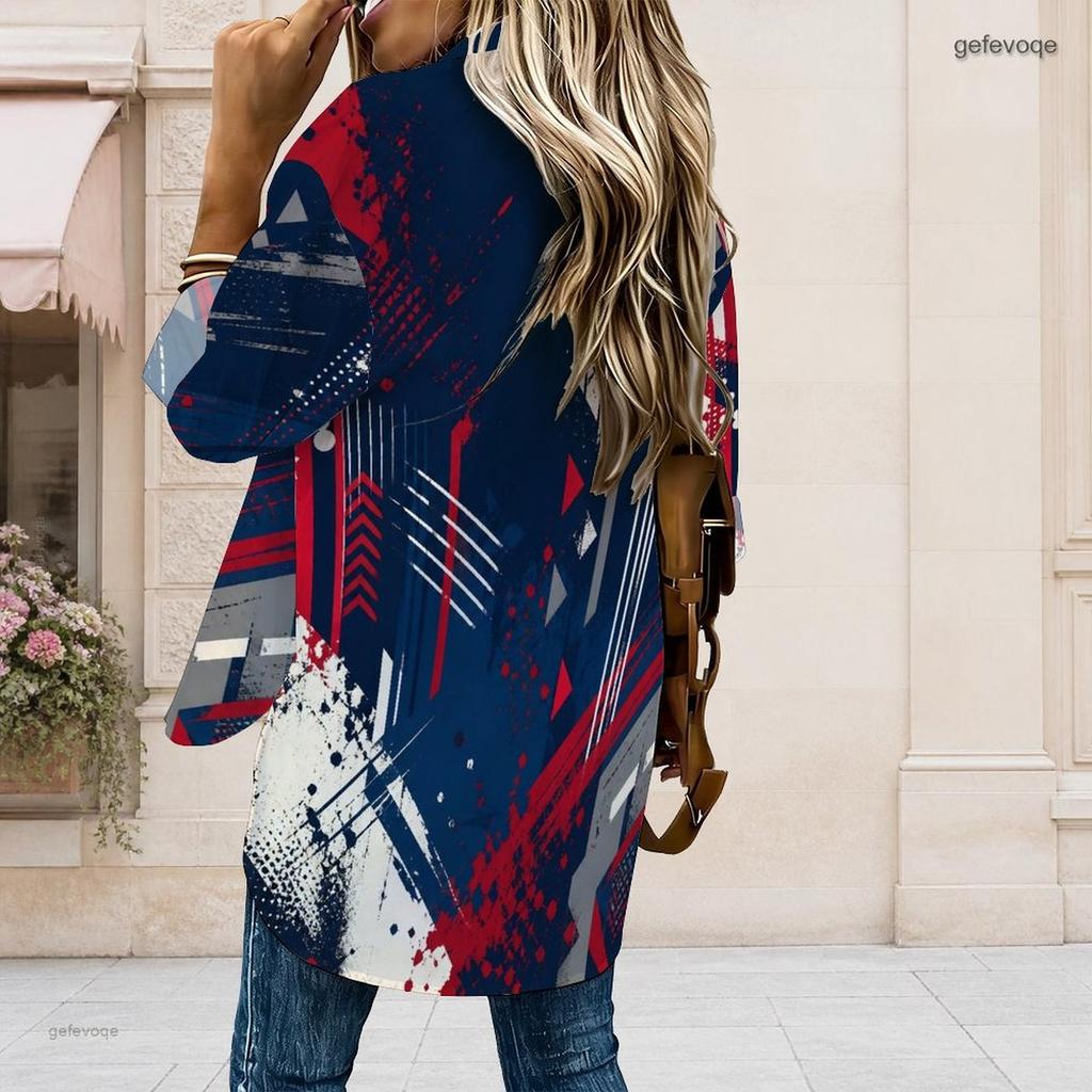 Women s Plus Size Navy Red Gold Print Collared Long Sleeve Button Front Curved Hem Shirt