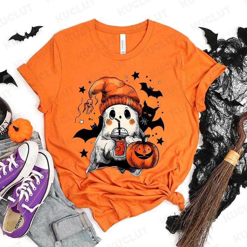 Happy Halloween Модная женская футболка Летние повседневные топы Жуткие сезонные футболки Хэллоуин Тыквы Футболки с привидениями Подарки на Хэллоуин