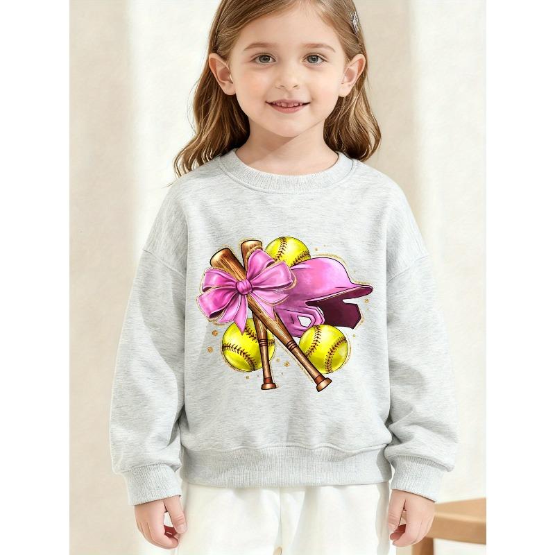 European sizes Kids' Black Sweatshirt with Softball and Bow Print for Casual Wear and Sports Activities