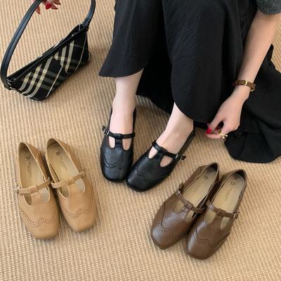Внутри и снаружи полностью кожаные удобные туфли на плоской подошве из маленькой кожи женские 2025 весна новые с круглым носком Т-образная застежка плоский каблук одинарные туфли wom