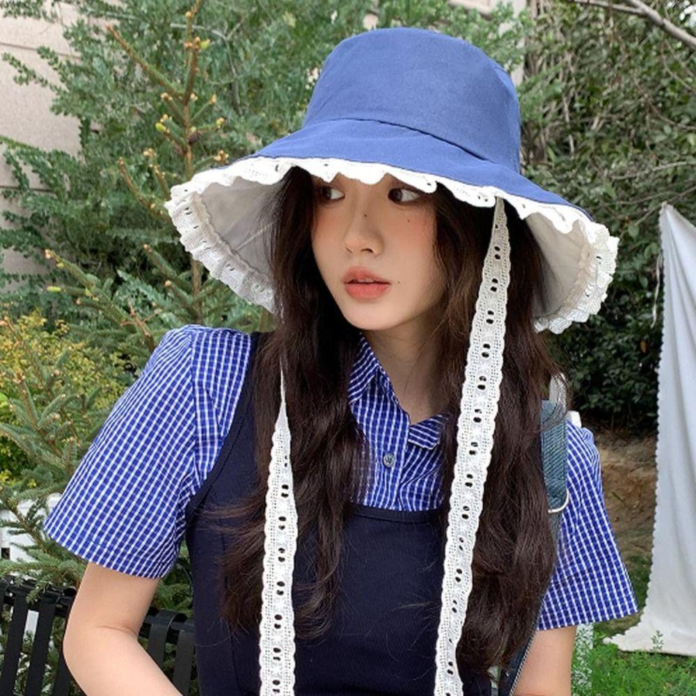 Sweet Cowboy Fisherman Hat French Style Women's Sun Hat Sunscreen Lace Ribbon Hat Girls