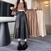 2024 Autumn/Winter Women's Black PU Leather High-Waist A-Line Midi Skirt