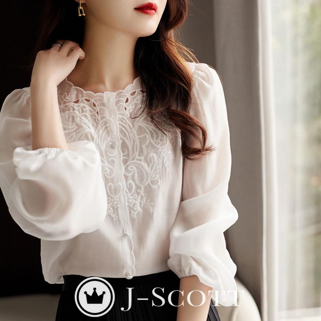 Блузка из вышитого шифона J-Scott с ботаническим принтом, рукавами-буфами, длинными рукавами, фестончатым дизайном, белая (JS86-WH-XL) (Ограниченный запас)