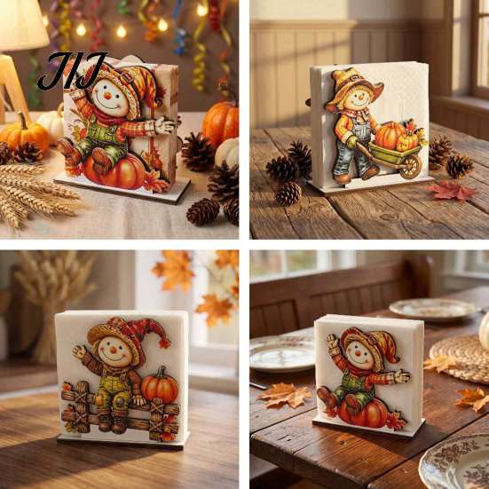 Thanksgiving Dinner Table Accessories Fall Scarecrow Wooden Napkin Holder, Harvest Pumpkin Decorative Stand for Kitchen Dispenser, Farmhouse Tabletop
