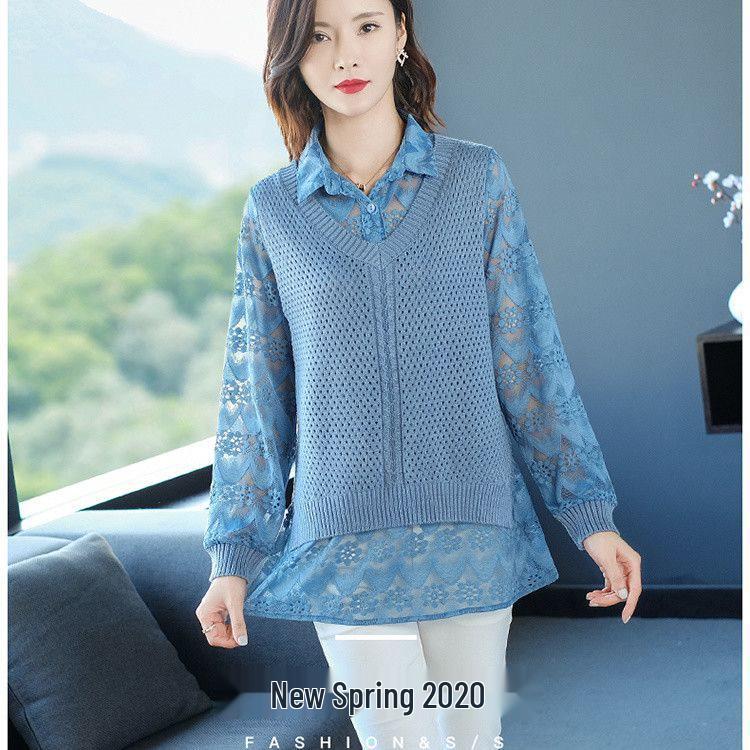 Вязаный костюм в корейском стиле: жилет и кружевной топ