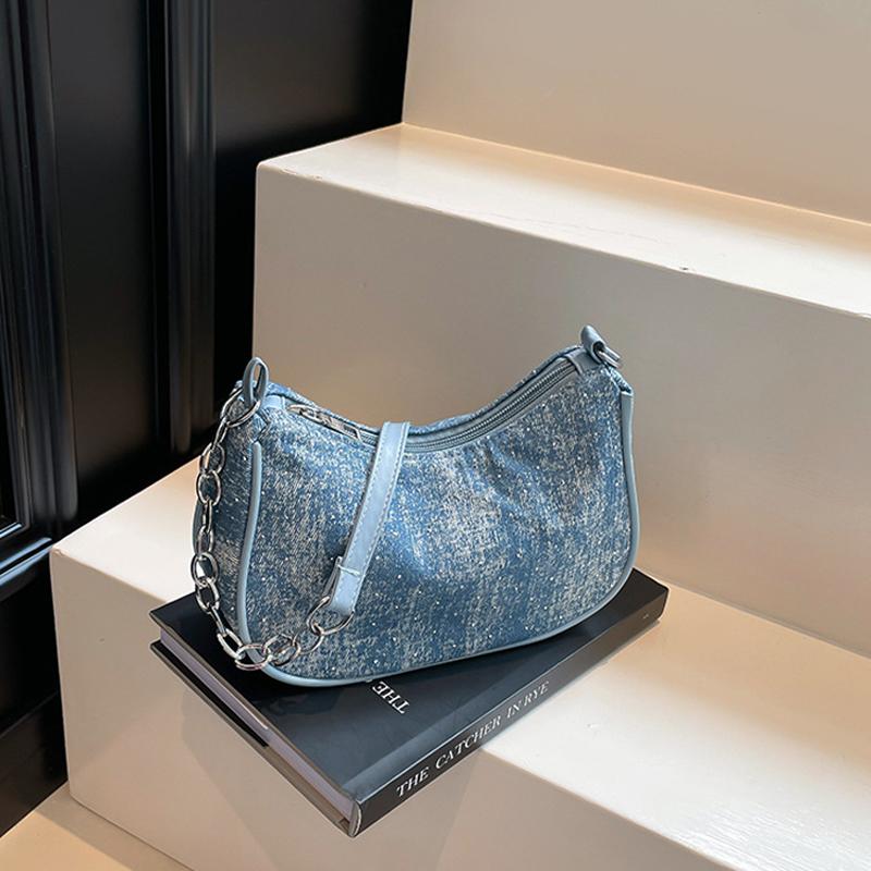 Женская сумка через плечо Модная джинсовая сумка через плечо, Простая однотонная сумка, Женская цепочка, Ручная под мышкой, Женская сумка