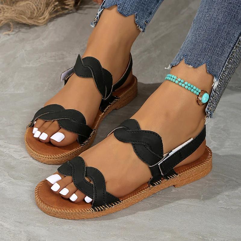 Мода Летние Пляжные Сандалии на Плоской Подошве Женские Большой Размер 43 Плетеные Ремешки Нескользящие Римские Туфли Женские Ремешок Сзади PU Кожа Сандалии Женские