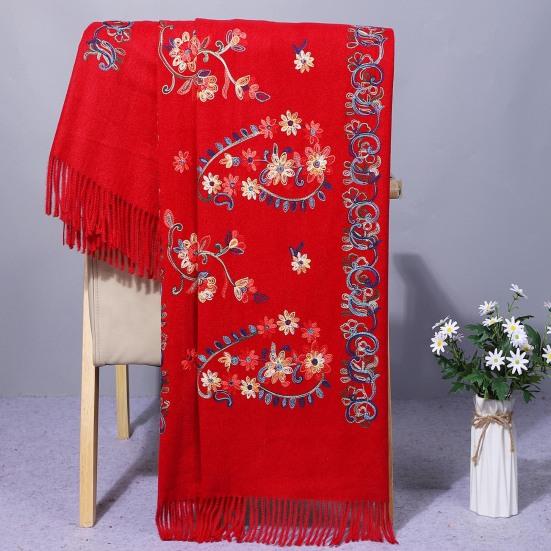 Winter Scarf Embroidery Flower Pattern Tassel Trim Long Scarf Ethnic Style Thickened Warm Women Shawl
