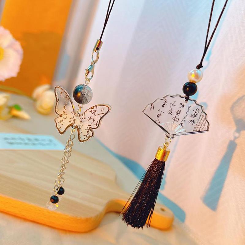 Chinese Style Ink Calligraphy Butterfly Fan Pendants Mobile Phone Chain Anti Lost Lanyard Vintage Keychain Bag Pendant Gifts
