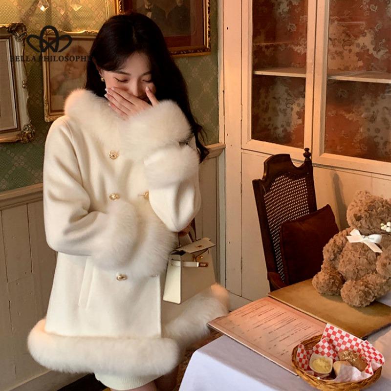 Fall and Winter New Court Style Imitation Fox Hair Splicing Double-breasted Celebrity Thickened Tweed Coat Jacket