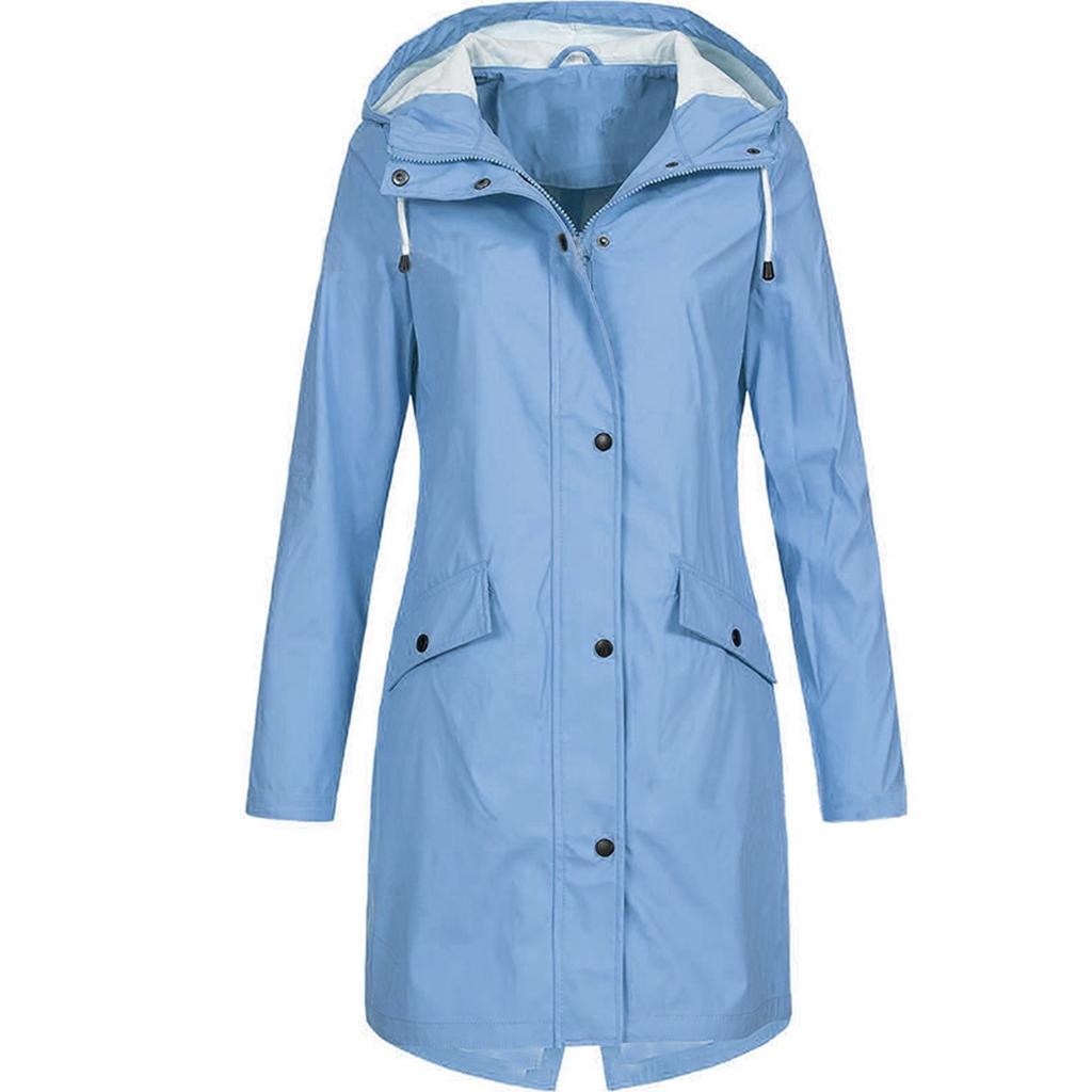 EAR Women Solid Rain Outdoor Plus Size Hooded Raincoat Windproof Long Jacket Coat