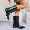 Simple Inside Heightening Mid-Tube Boots Women's Square Toe Spliced Sleeve Soft Sole Non-Slip Low Heel Boots
