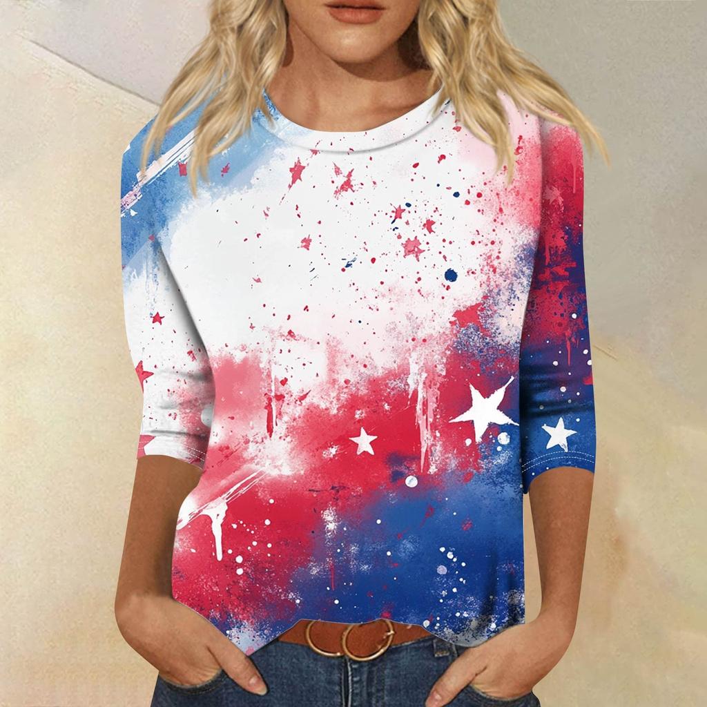 Women's Fashion Casual Seven Sleeve Independence Day Printed Round Neck Top