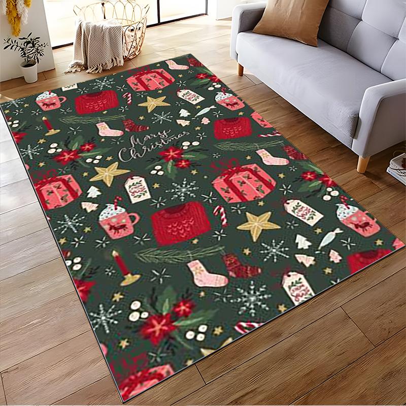 Christmas-Themed Carpet with Gifts, Stars, and Festive Green Design Suitable for use as an anti-slip for living room bedroom sofas