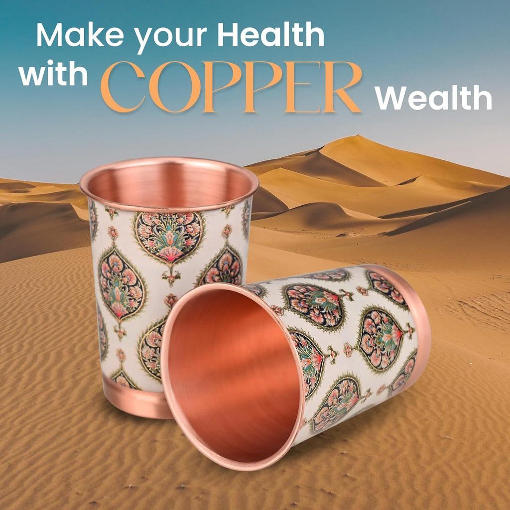 Copper NEW Premium Royal Gold Peacock Design Set of Two Glass with Premium Gift Box, 250 ML