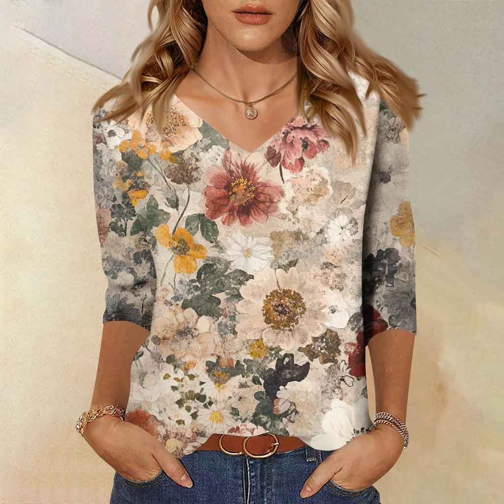 Женские топы, рубашка с рукавом три четверти, свободная повседневная рубашка с V-образным вырезом, футболка с цветочным принтом