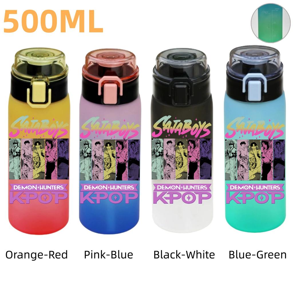 500ML KPop Demon Hunters Plastic Anime Water Cup Has Scale Travel Office Gym Hiking Portable Drink Bottles Outdoor Sport Gifts