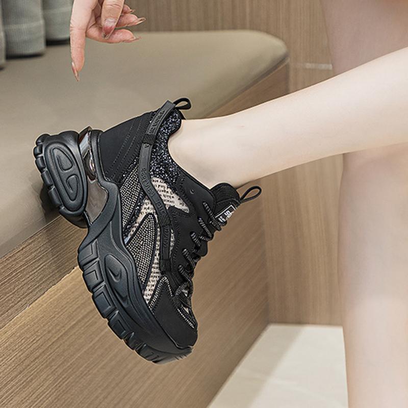 Летние дышащие сетчатые туфли на толстой подошве с увеличением высоты на 9 см, со стразами, для повседневной носки и занятий спортом, с увеличением высоты каблука, женская обувь