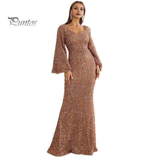 Женское вечернее платье с рукавами-колокольчиками, пайетками, А-силуэта, облегающего кроя, глубоким вырезом, V-образным вырезом, макси-платье со средней талией и застежкой-молнией сзади, выпускное платье