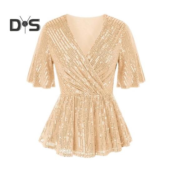 Women Sequin Tops V-Neck Ruffle Sleeves Glitter Blouses Waist Tight Elastic Hem Evening Cocktail Shiny Tops
