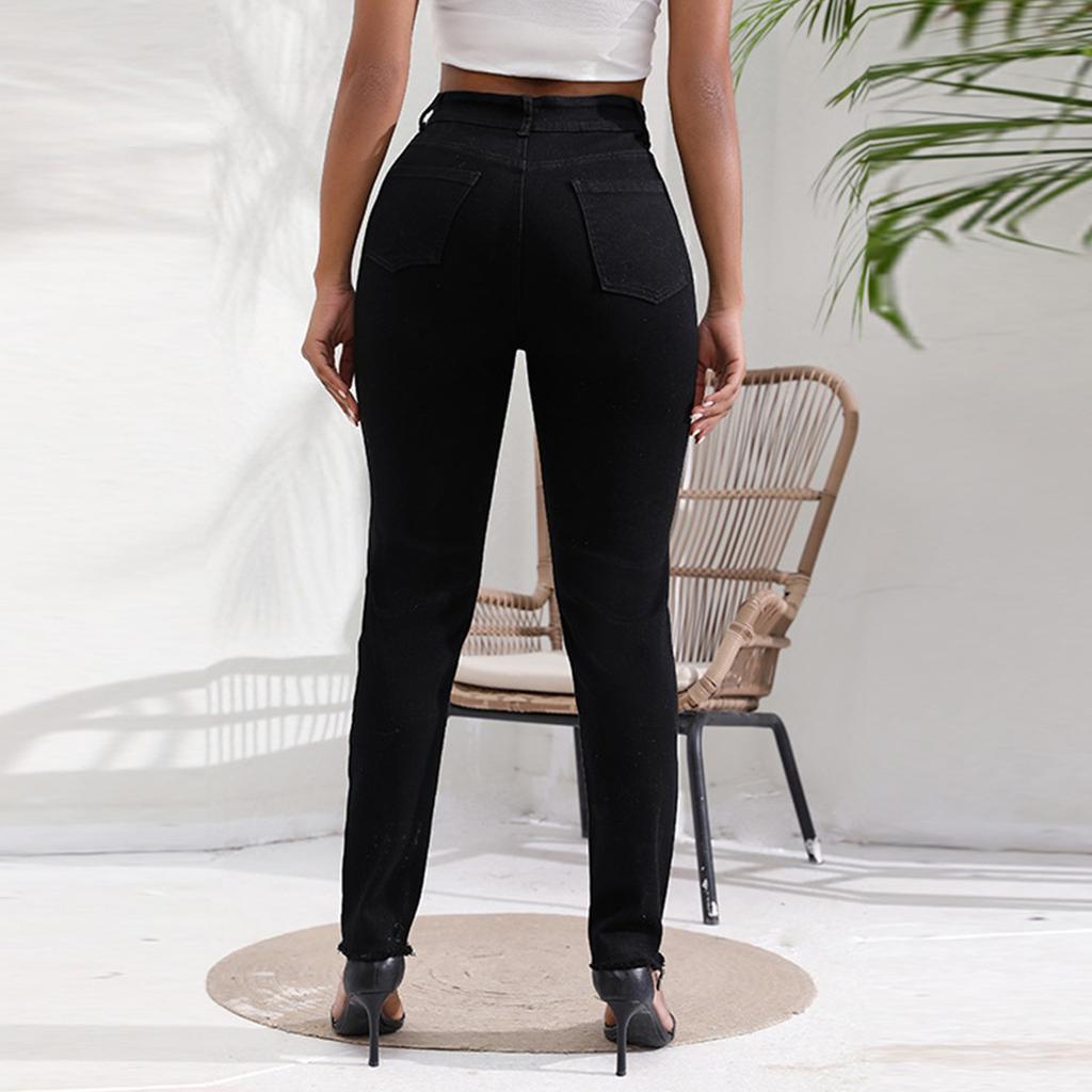 Ripped High Waist Slim Fit Washed Women's Denim Pants
