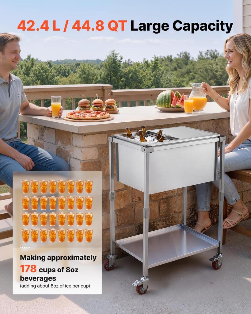 Rolling Ice Chest Cooler Cart Stainless Steel Cooling Bin 42.4 L, Outdoor Stand Up Cooler Trolley with Wheels, Sliding Lid, Shelf, for Patio Backyard
